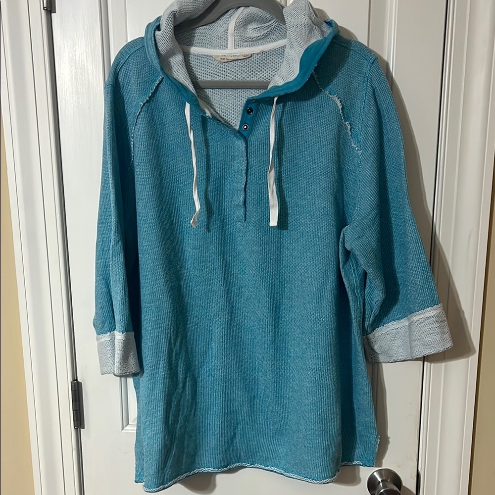 Soft Surrounding Blue Hooded Pullover With White … - image 1